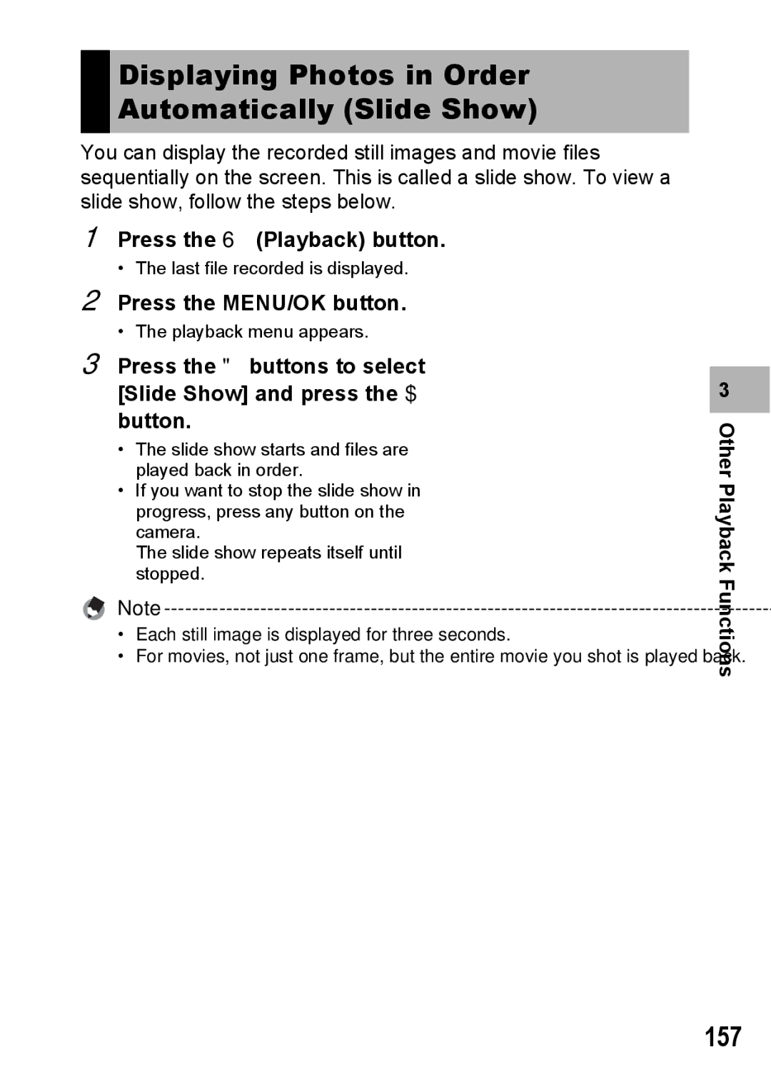 Ricoh GX200 VF KIT manual Displaying Photos in Order Automatically Slide Show, 157 