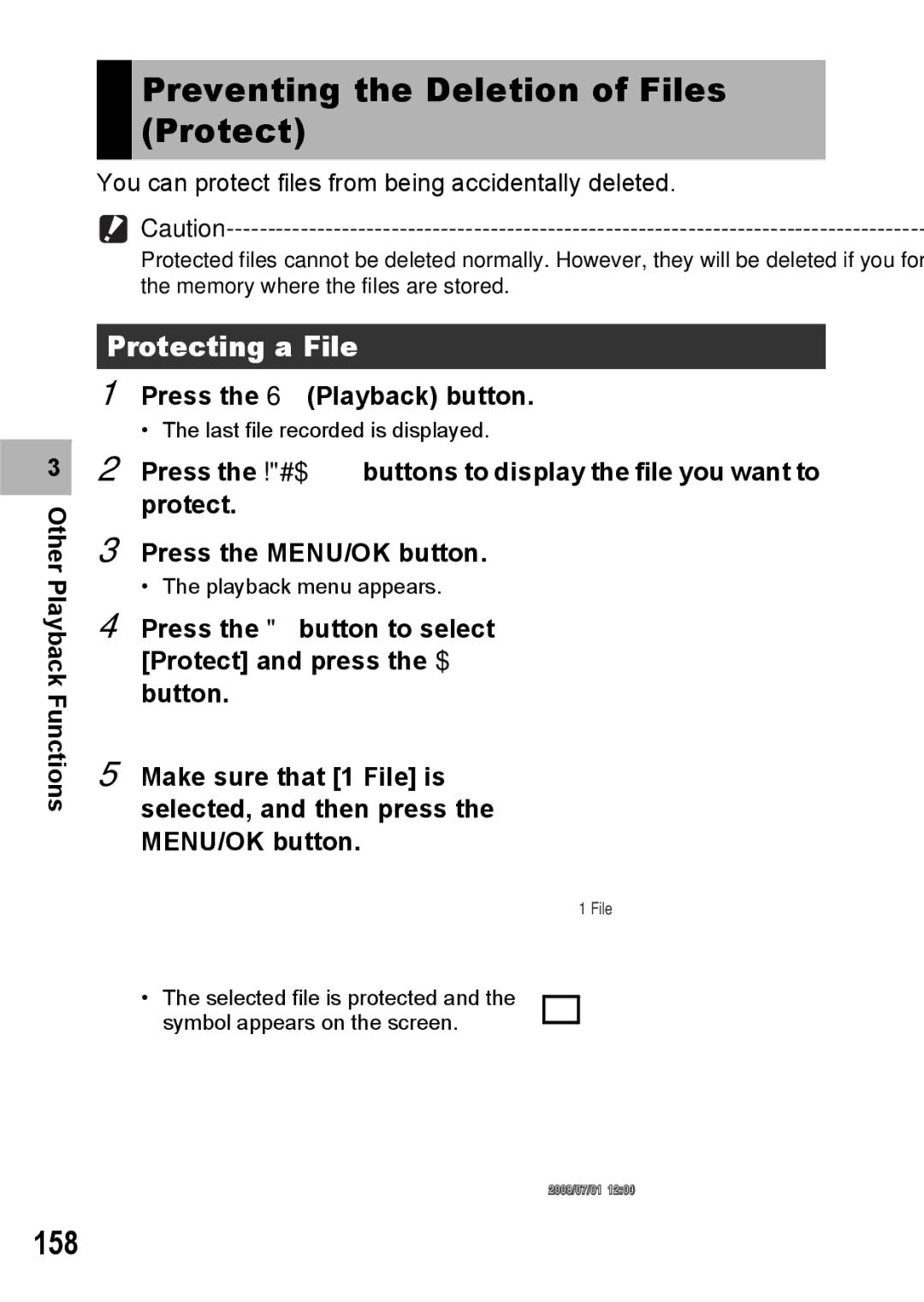 Ricoh GX200 VF KIT manual Preventing the Deletion of Files Protect, 158, Protecting a File 