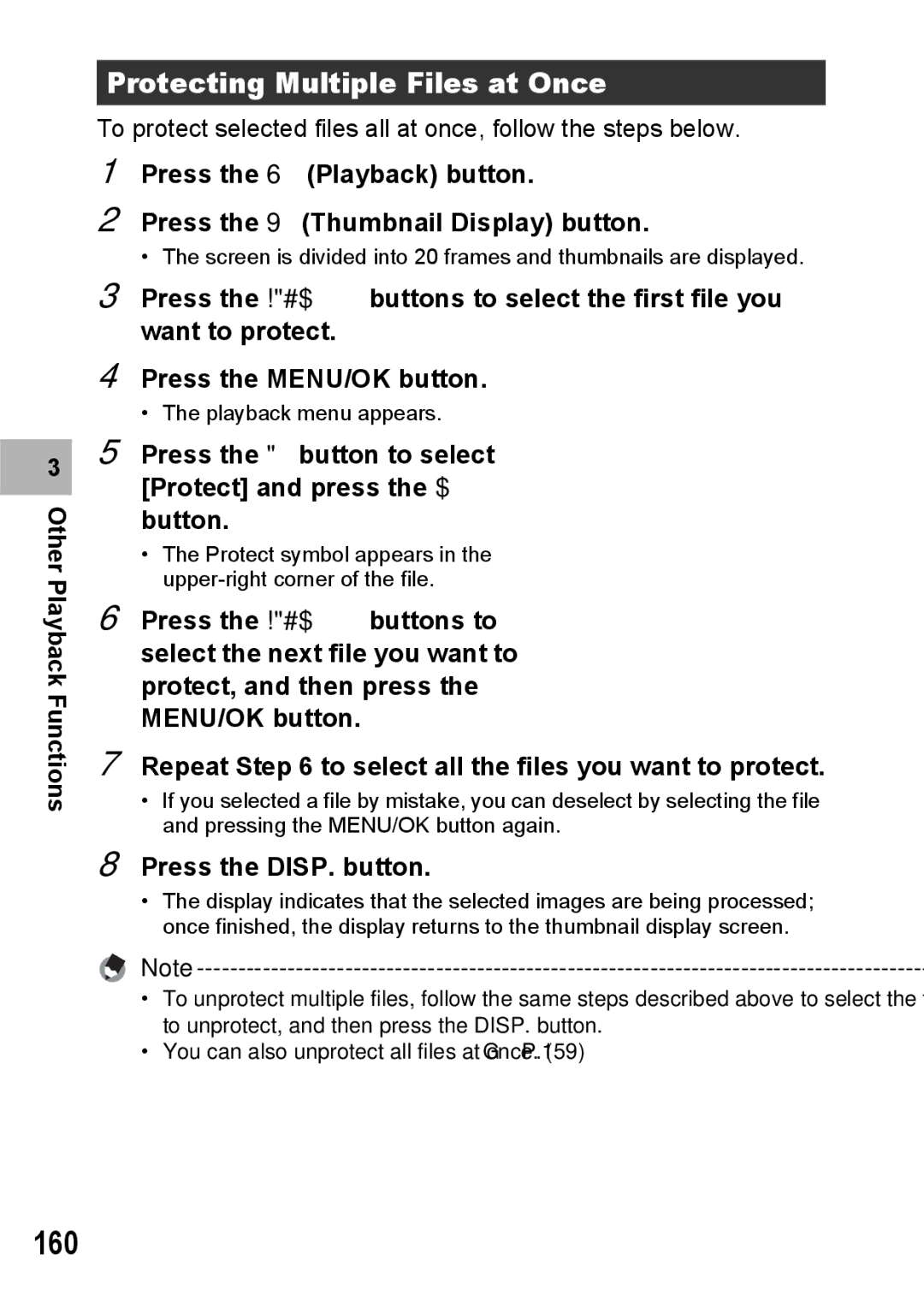 Ricoh GX200 VF KIT manual 160, Protecting Multiple Files at Once, Press the button to select Protect and press the $ button 