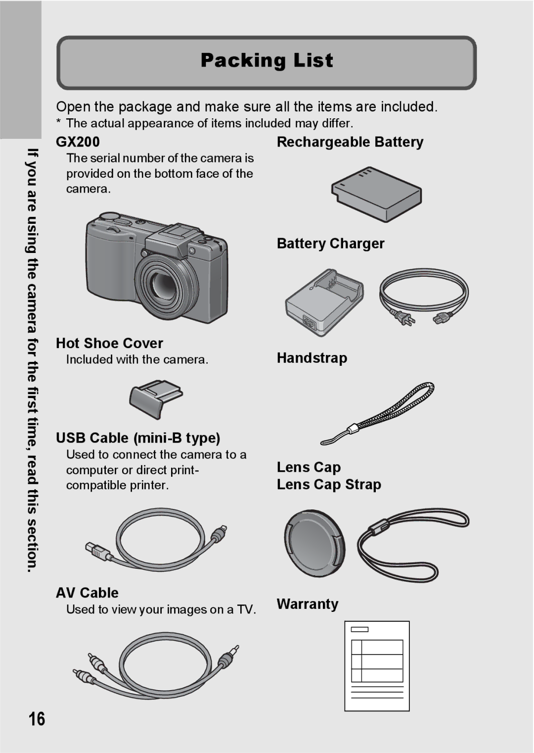 Ricoh GX200 VF KIT manual Packing List, Hot Shoe Cover, USB Cable mini-B type 