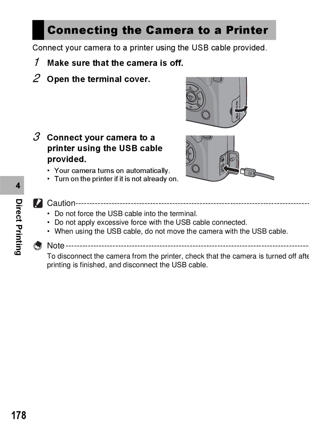 Ricoh GX200 VF KIT manual Connecting the Camera to a Printer, 178 