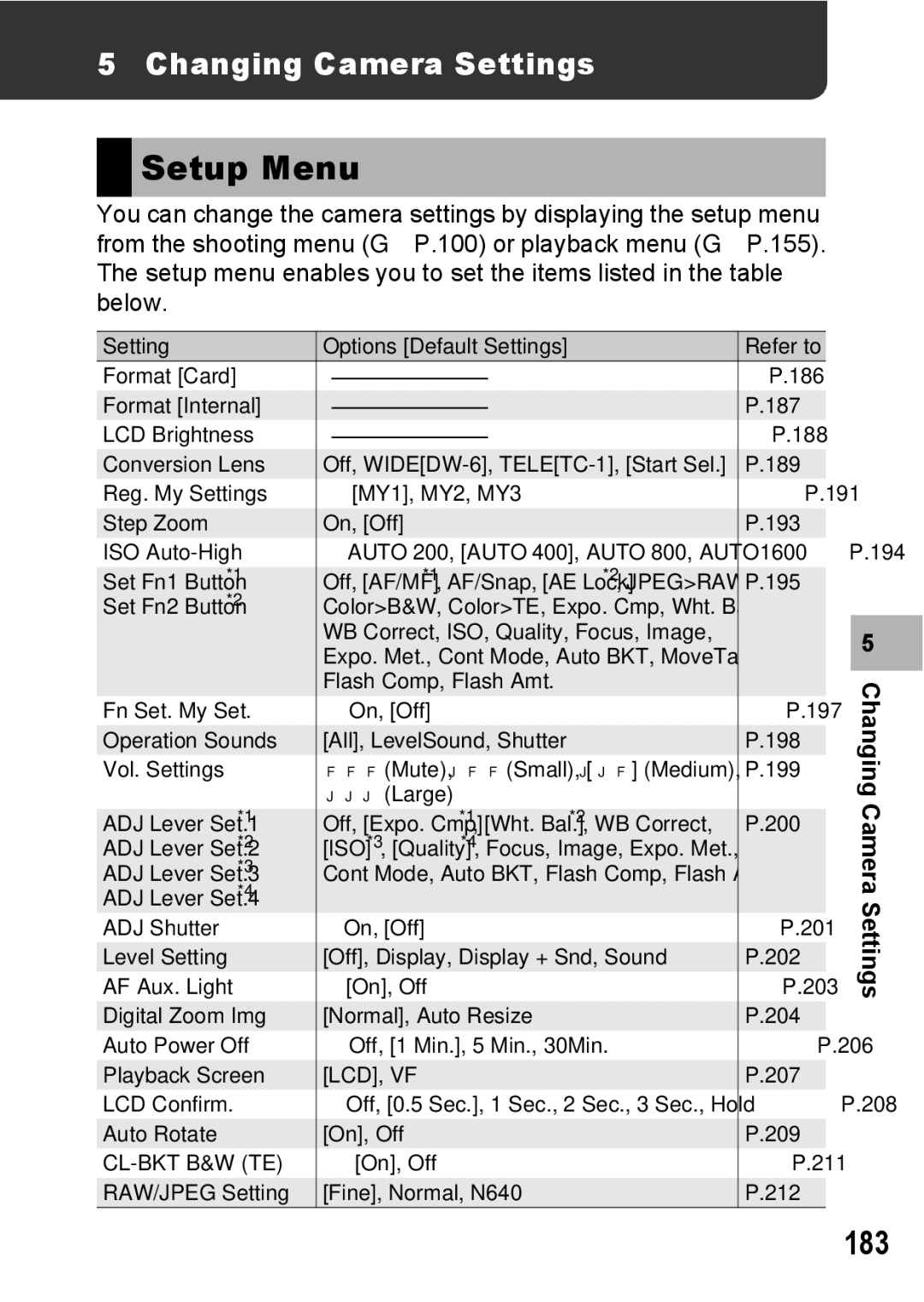 Ricoh GX200 VF KIT manual Setup Menu, 183, Changing Camera Settings 