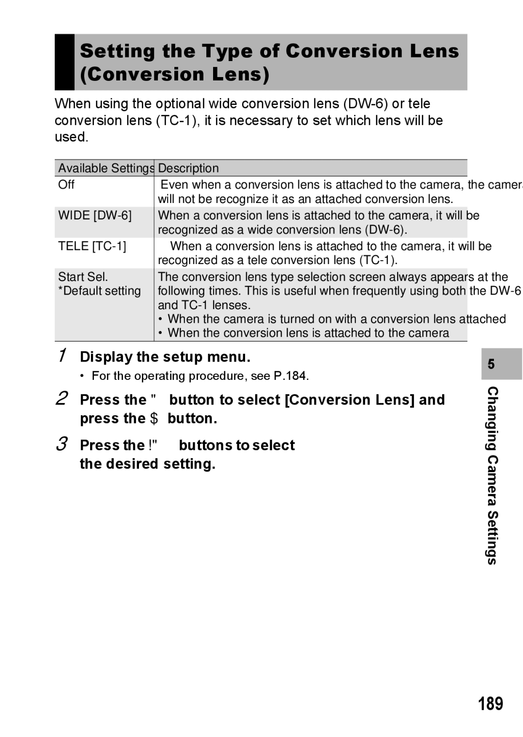 Ricoh GX200 VF KIT manual Setting the Type of Conversion Lens Conversion Lens, 189 