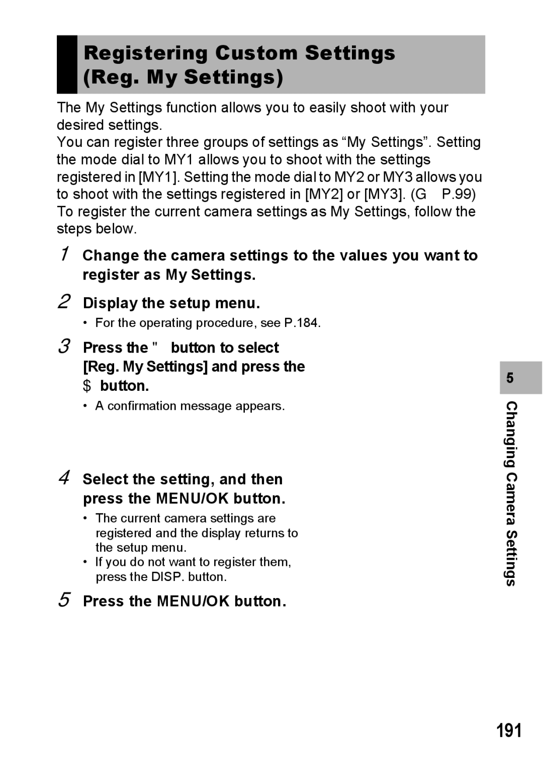 Ricoh GX200 VF KIT manual Registering Custom Settings Reg. My Settings, 191 