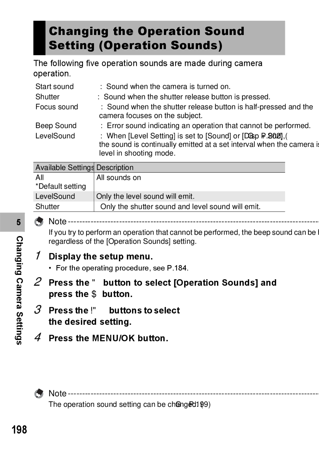 Ricoh GX200 VF KIT manual 198, Changing the Operation Sound Setting Operation Sounds 