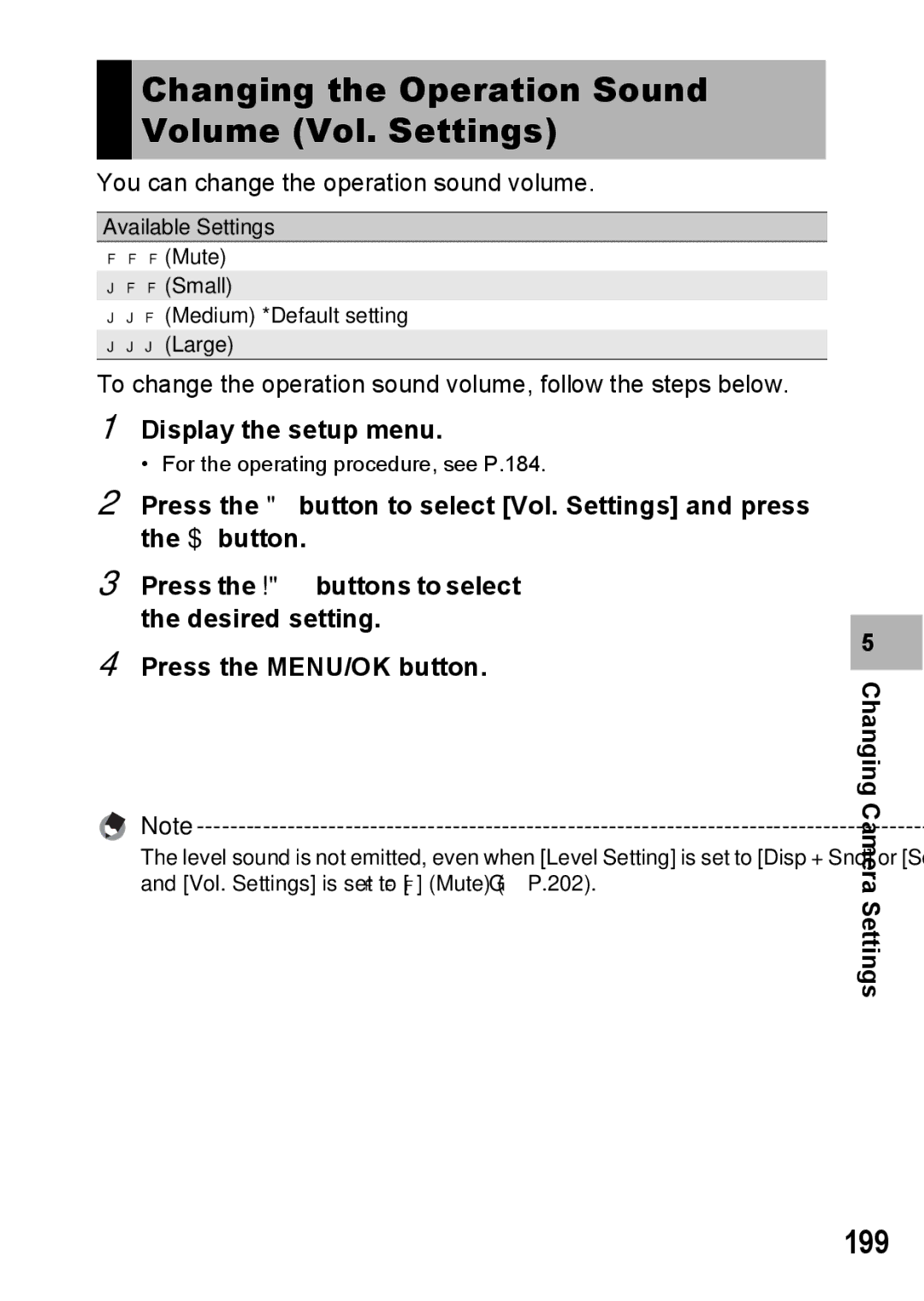 Ricoh GX200 VF KIT manual Changing the Operation Sound Volume Vol. Settings, 199 