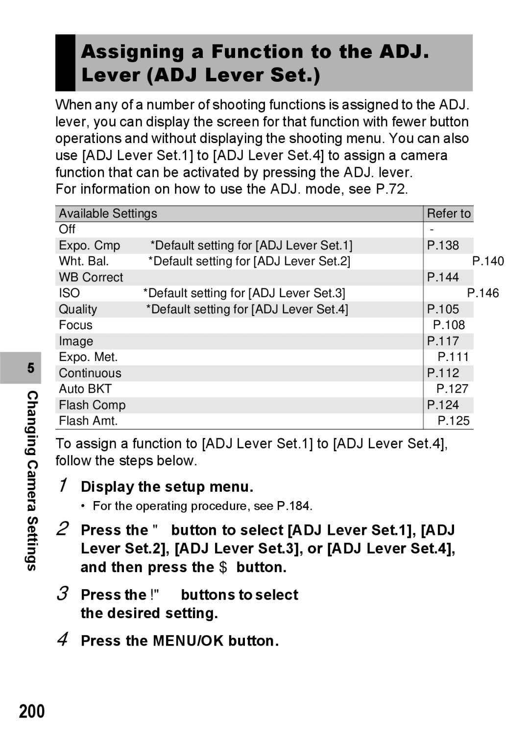 Ricoh GX200 VF KIT manual Assigning a Function to the ADJ. Lever ADJ Lever Set 