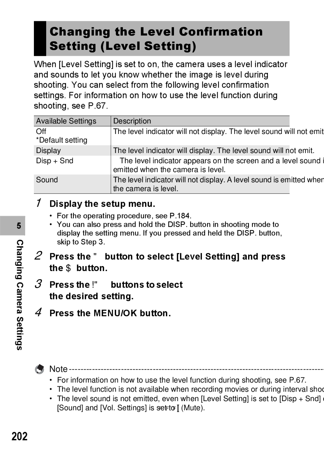 Ricoh GX200 VF KIT manual 202, Changing the Level Confirmation Setting Level Setting 