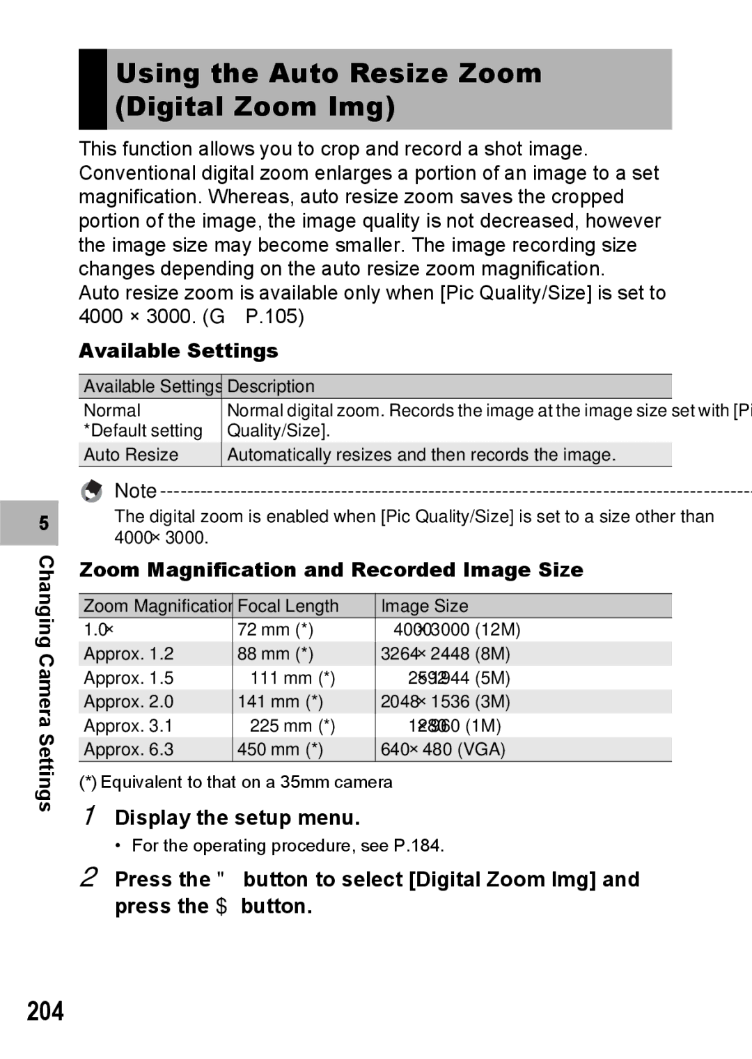 Ricoh GX200 VF KIT manual Using the Auto Resize Zoom Digital Zoom Img, 204, Available Settings 