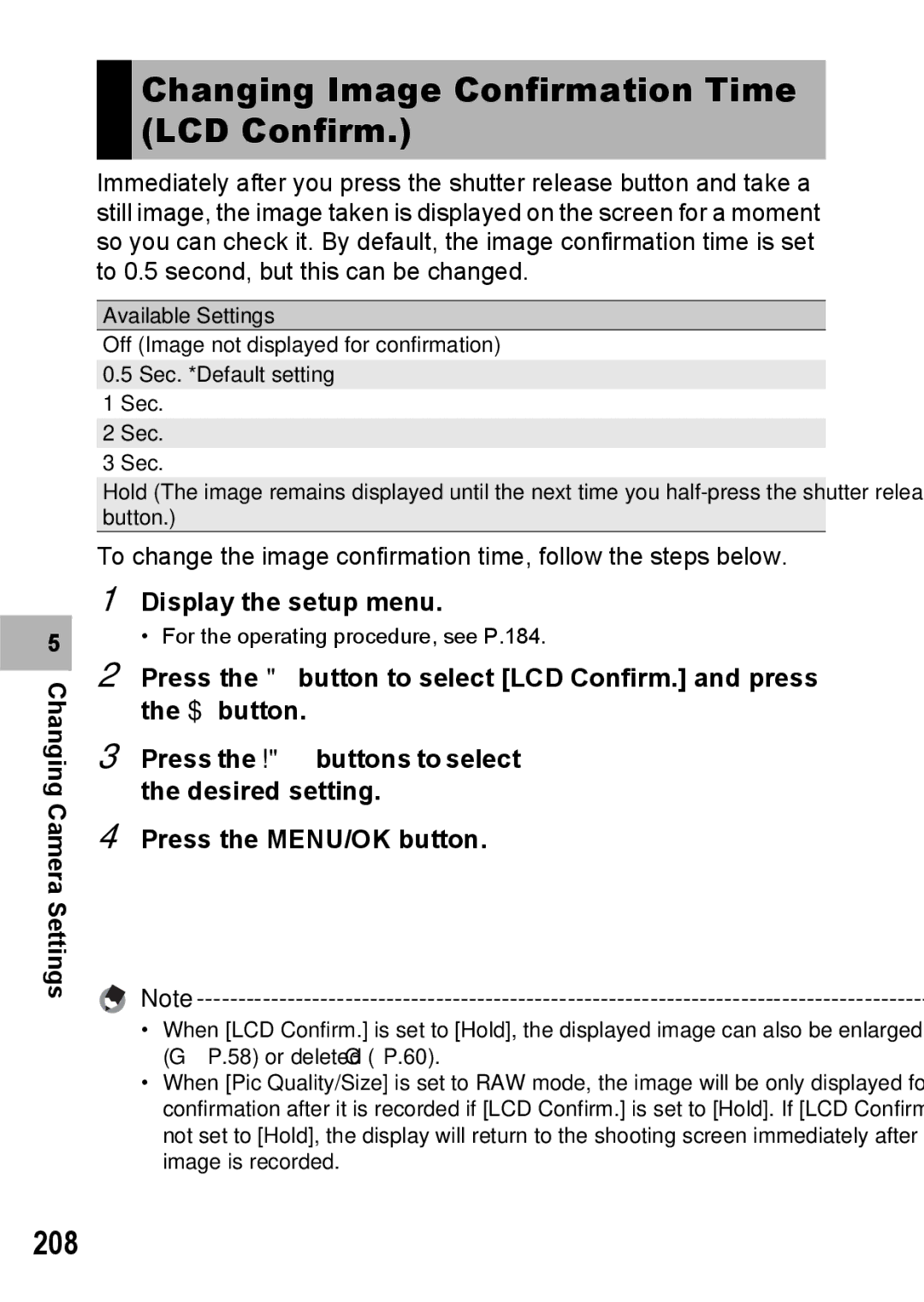 Ricoh GX200 VF KIT manual Changing Image Confirmation Time LCD Confirm, 208 