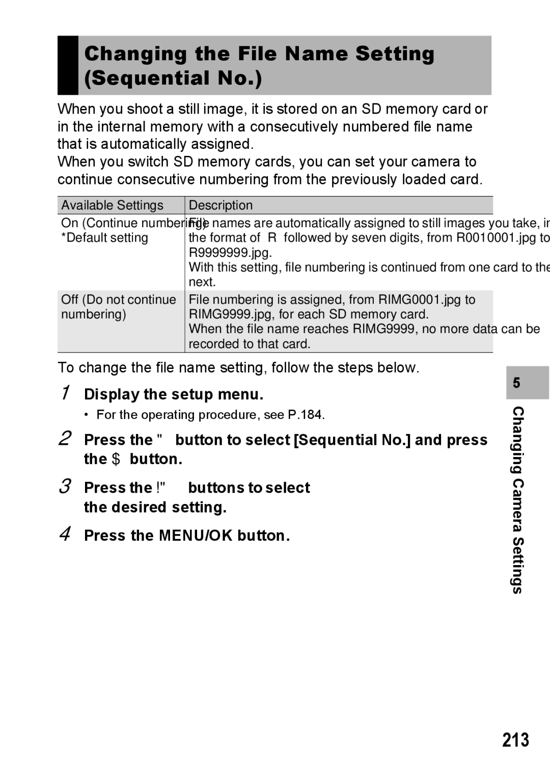 Ricoh GX200 VF KIT manual Changing the File Name Setting Sequential No, 213 