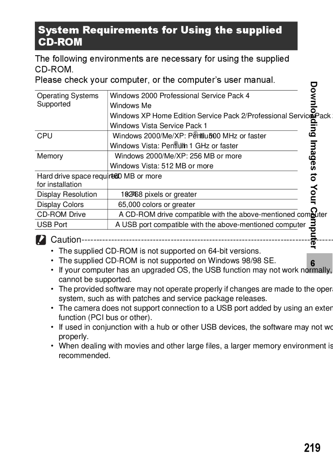 Ricoh GX200 VF KIT manual 219, System Requirements for Using the supplied 