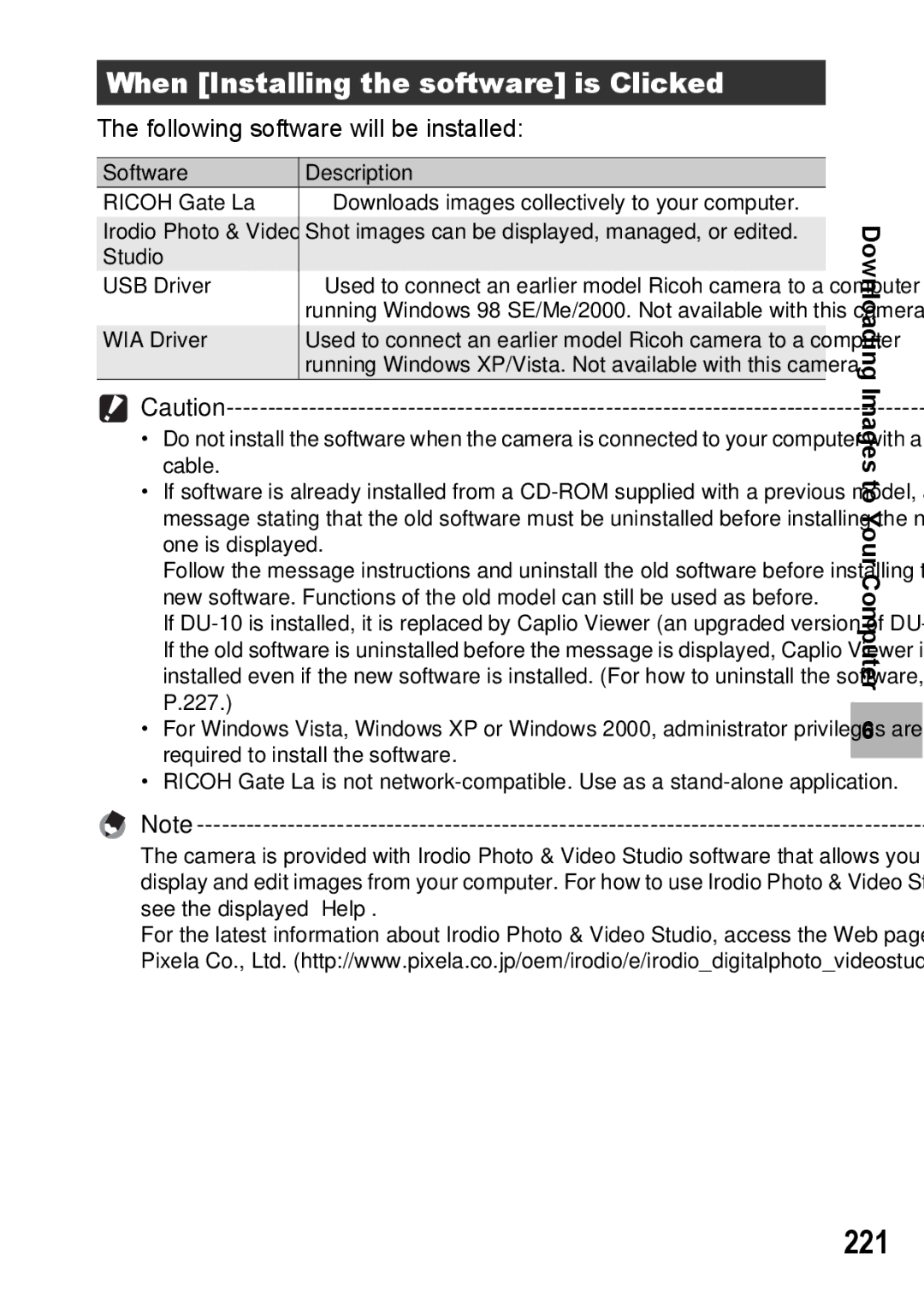 Ricoh GX200 VF KIT manual 221, When Installing the software is Clicked 