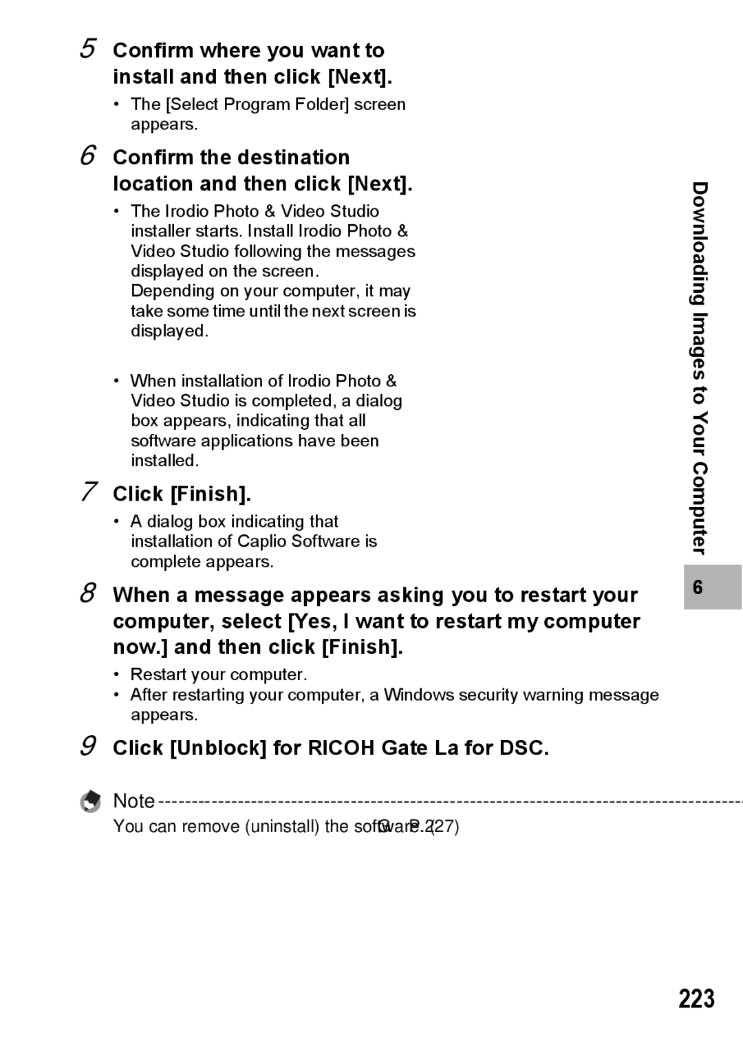 Ricoh GX200 VF KIT manual 223, Confirm where you want to install and then click Next, Click Finish 