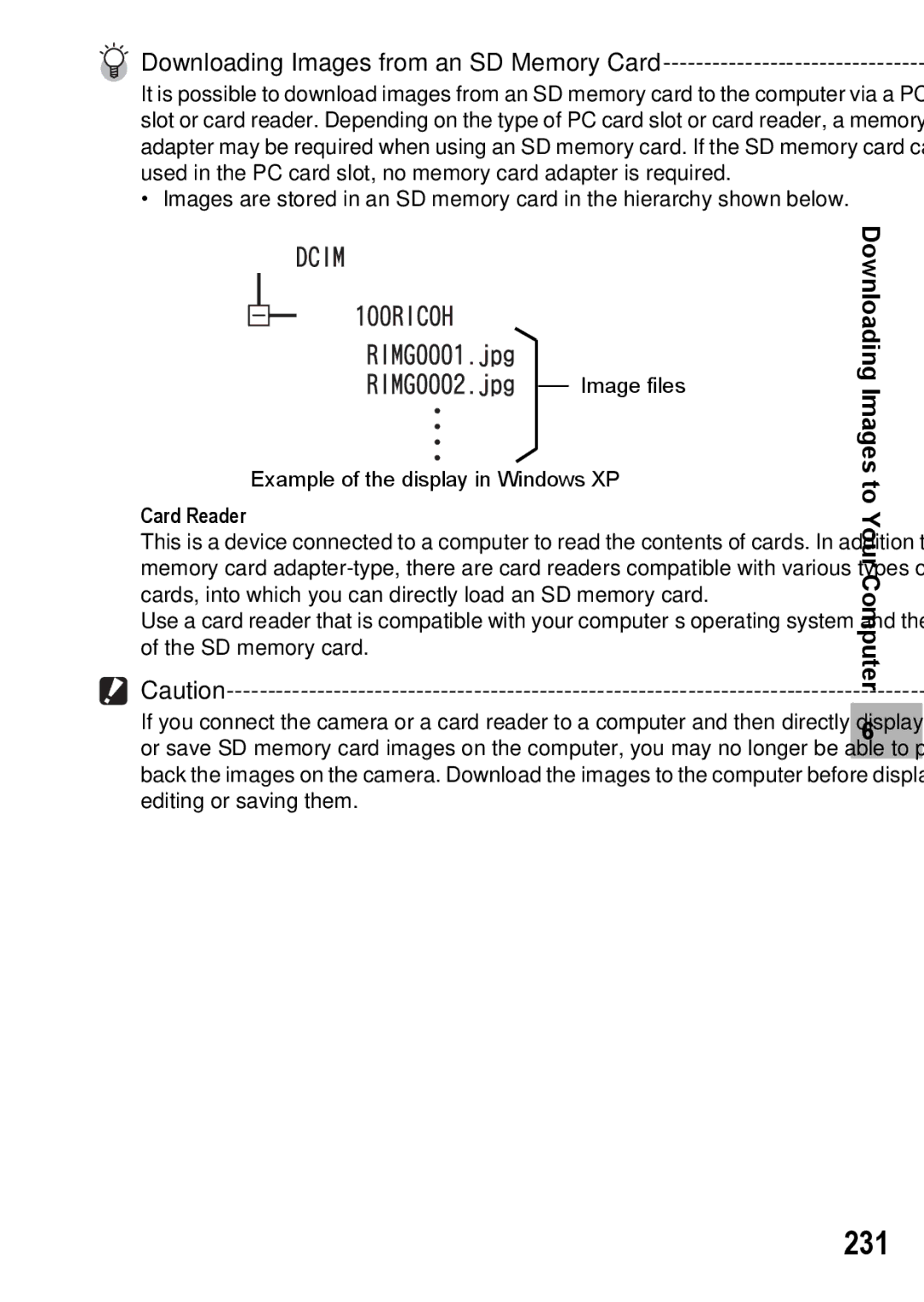 Ricoh GX200 VF KIT manual 231, Downloading Images from an SD Memory Card 