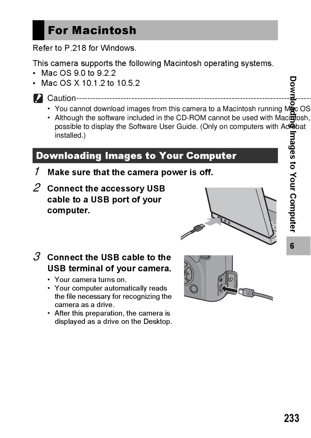 Ricoh GX200 VF KIT manual For Macintosh, 233, Downloading Images to Your Computer 