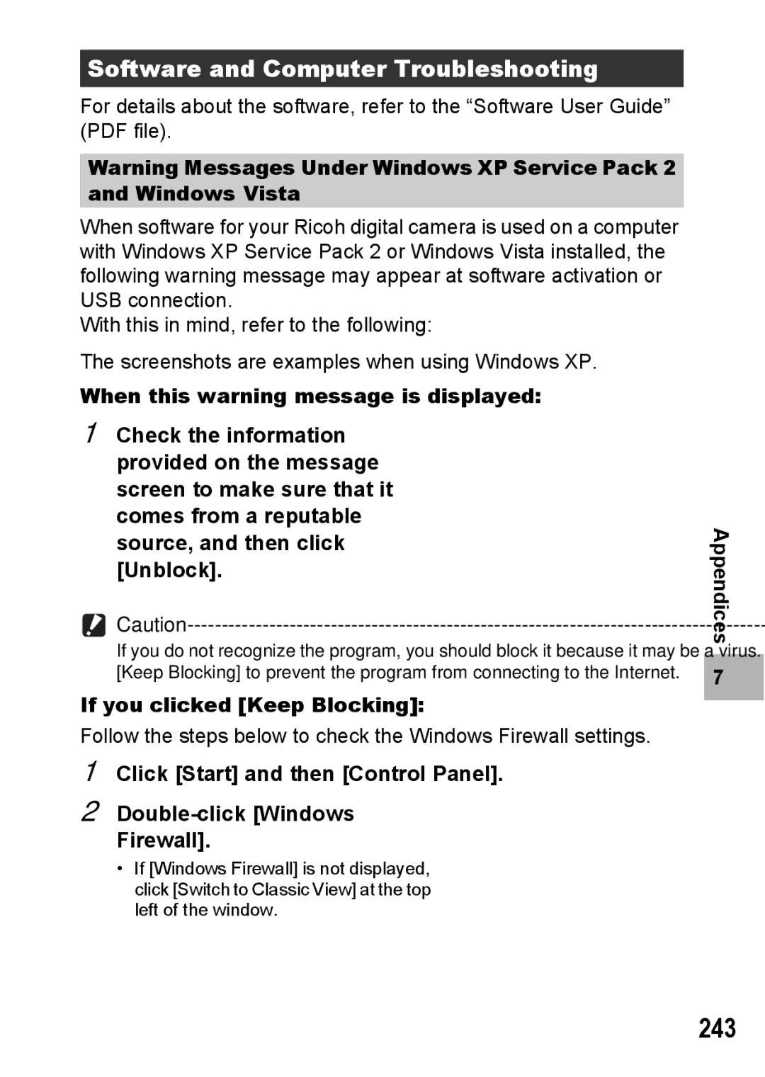 Ricoh GX200 VF KIT manual 243, Software and Computer Troubleshooting, If you clicked Keep Blocking 