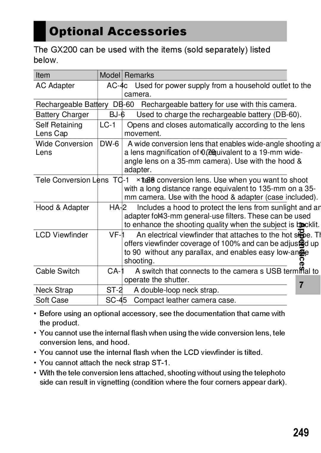 Ricoh GX200 VF KIT manual Optional Accessories, 249 