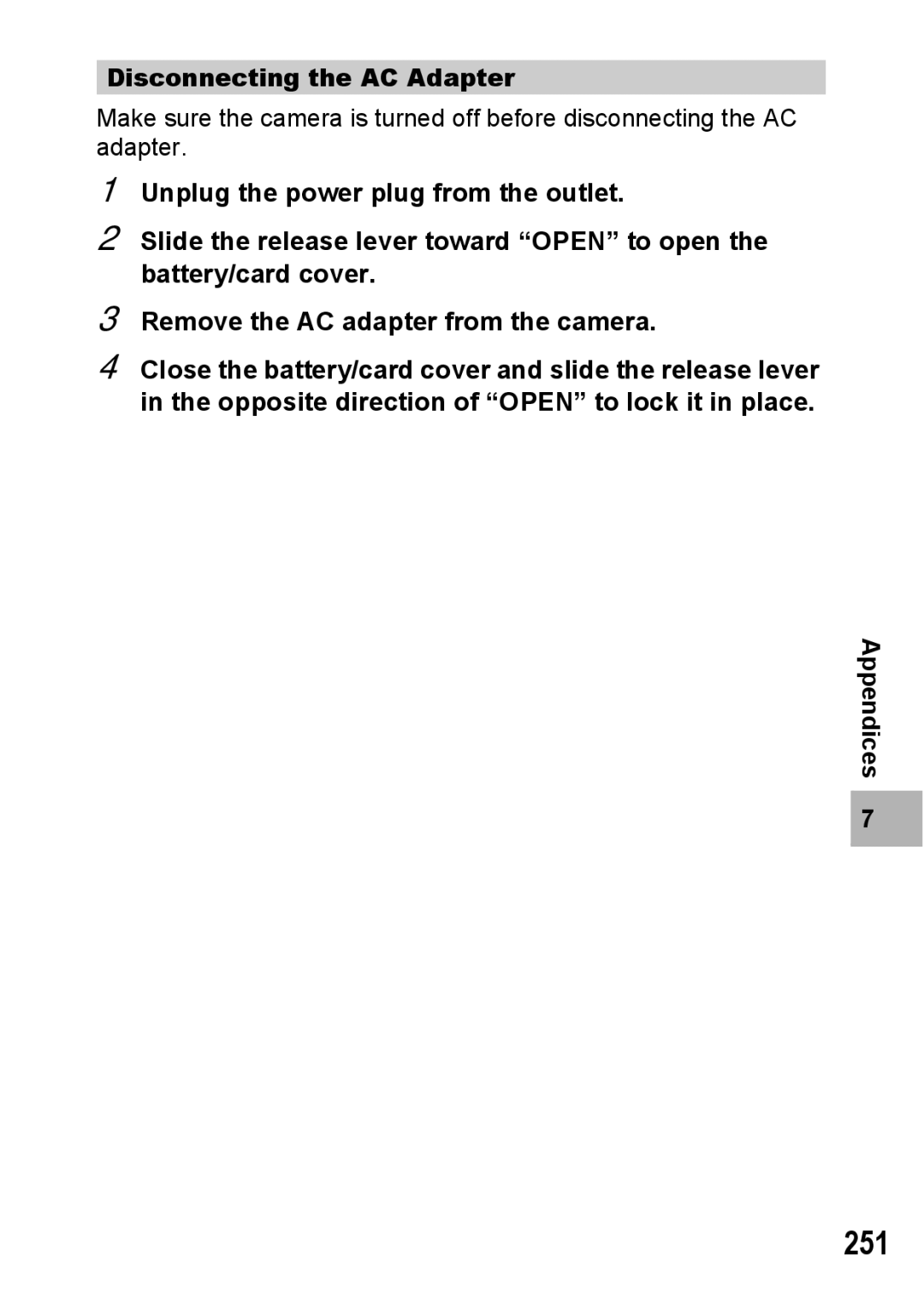 Ricoh GX200 VF KIT manual 251, Disconnecting the AC Adapter 