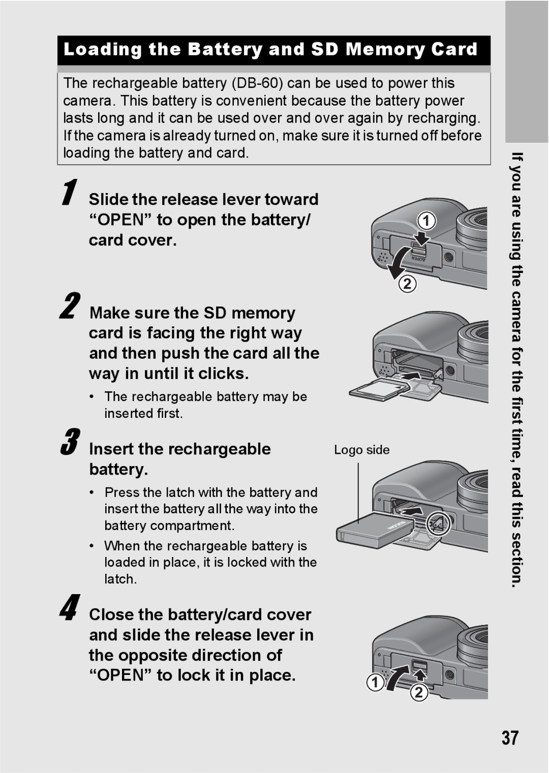 Ricoh GX200 VF KIT manual Loading the Battery and SD Memory Card, Insert the rechargeable battery 