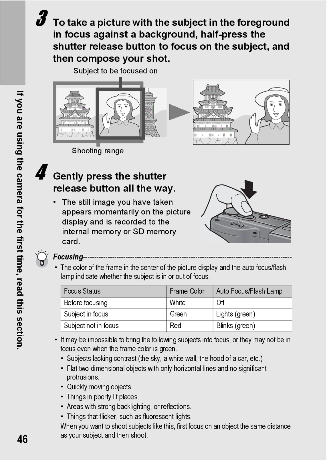 Ricoh GX200 VF KIT manual Gently press the shutter release button all the way, Focusing 