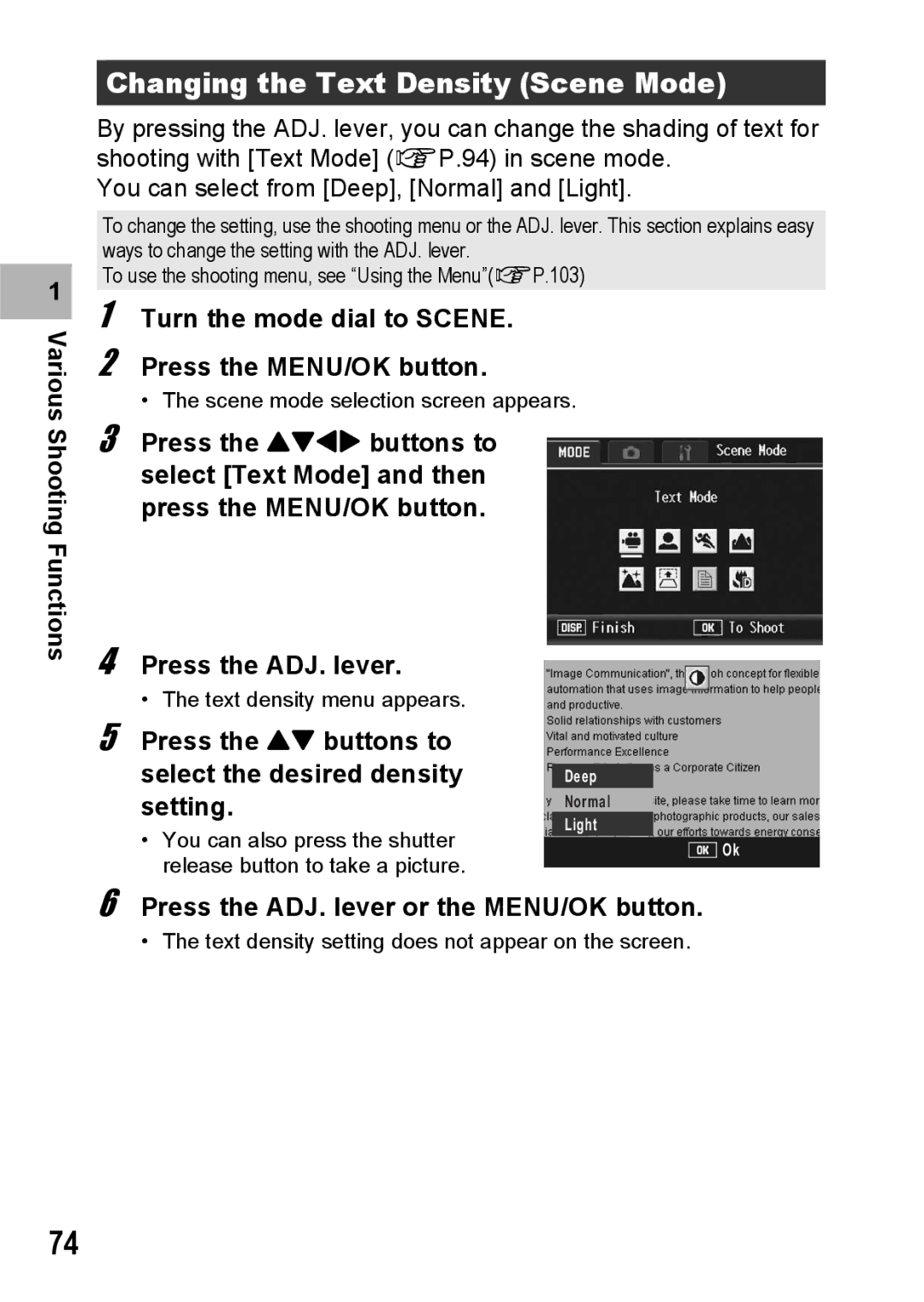 Ricoh GX200 VF KIT manual Changing the Text Density Scene Mode, Turn the mode dial to Scene Press the MENU/OK button 