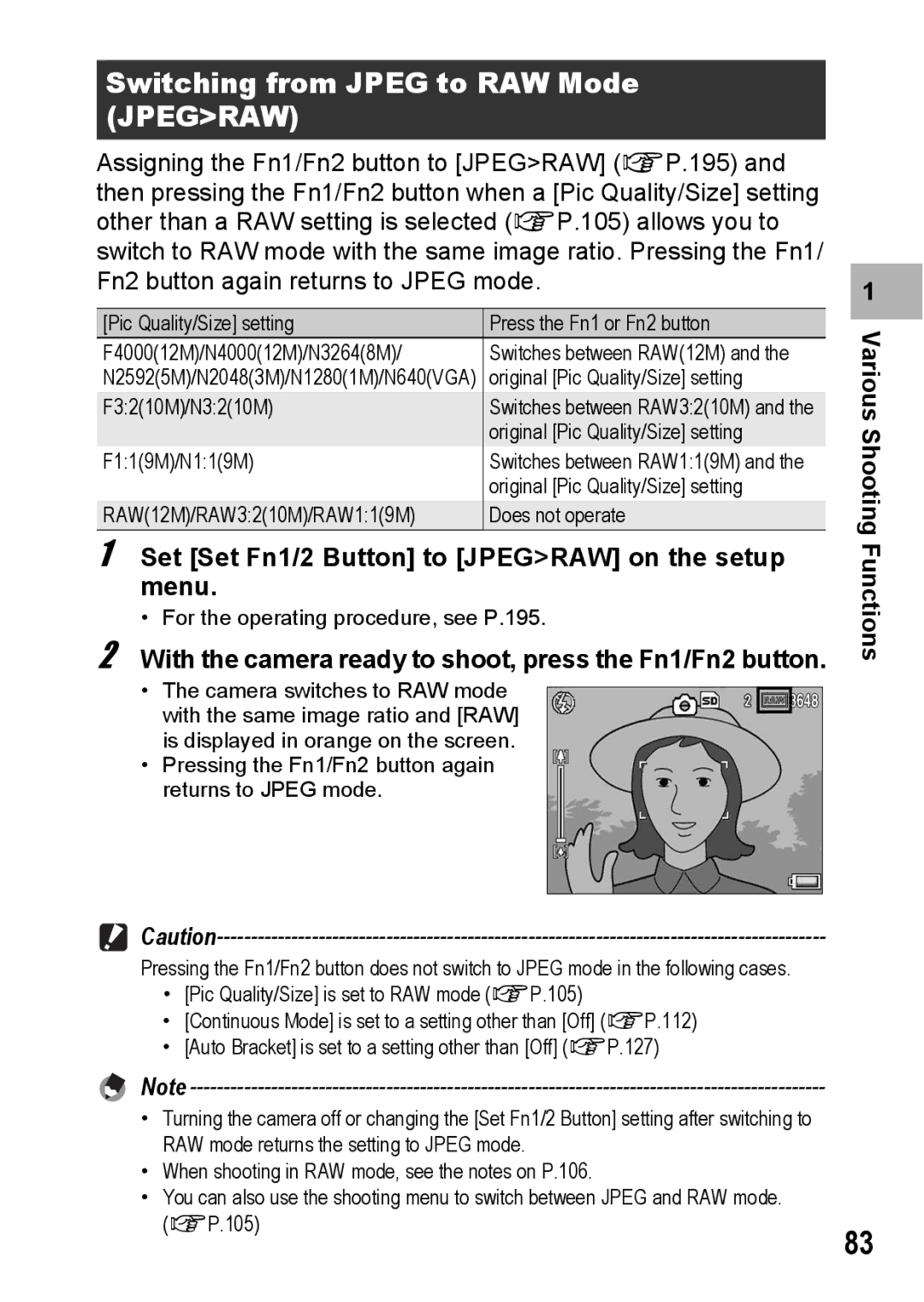 Ricoh GX200 VF KIT manual Switching from Jpeg to RAW Mode Jpegraw, Set Set Fn1/2 Button to Jpegraw on the setup menu 