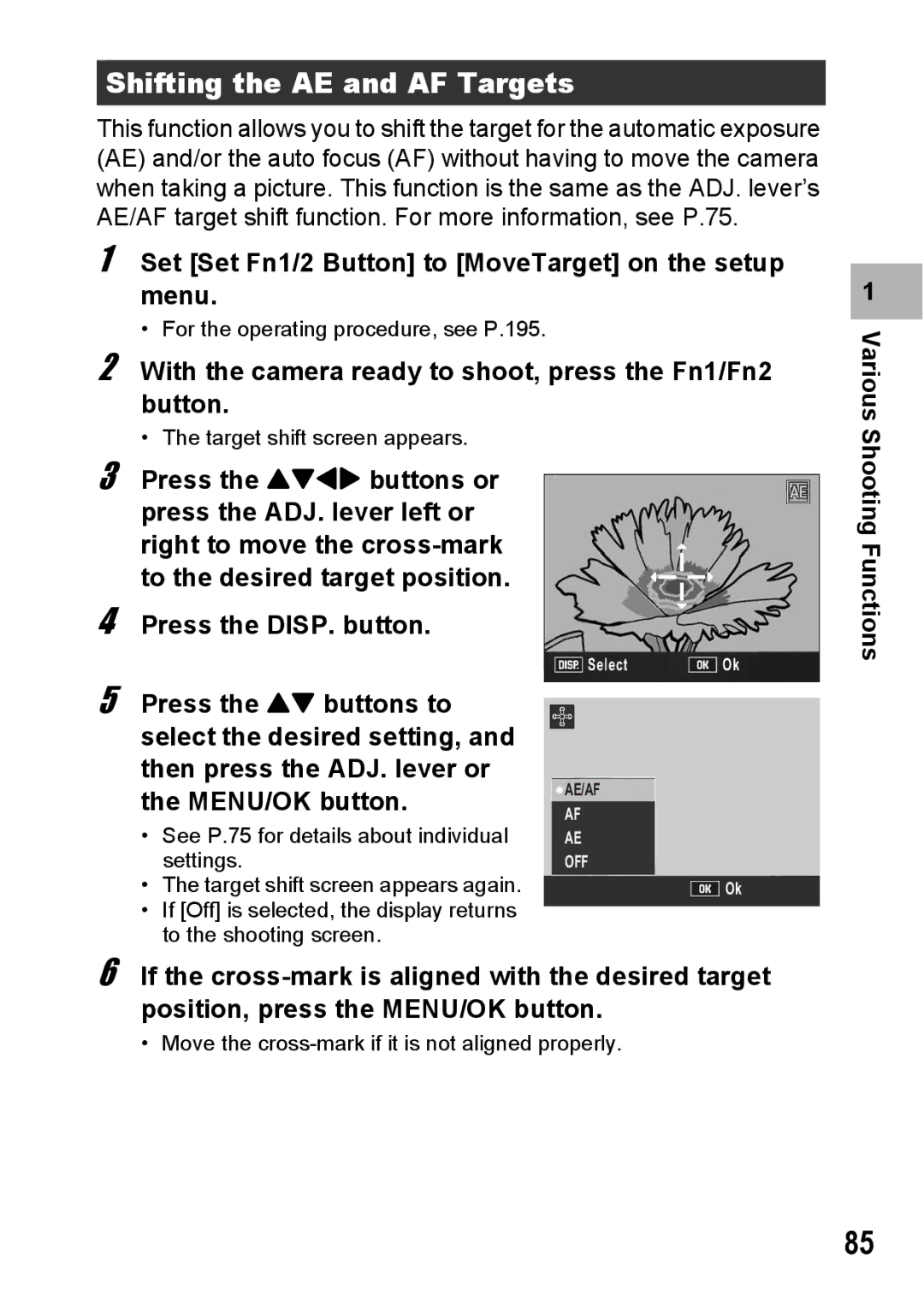 Ricoh GX200 VF KIT manual Shifting the AE and AF Targets, Set Set Fn1/2 Button to MoveTarget on the setup menu 