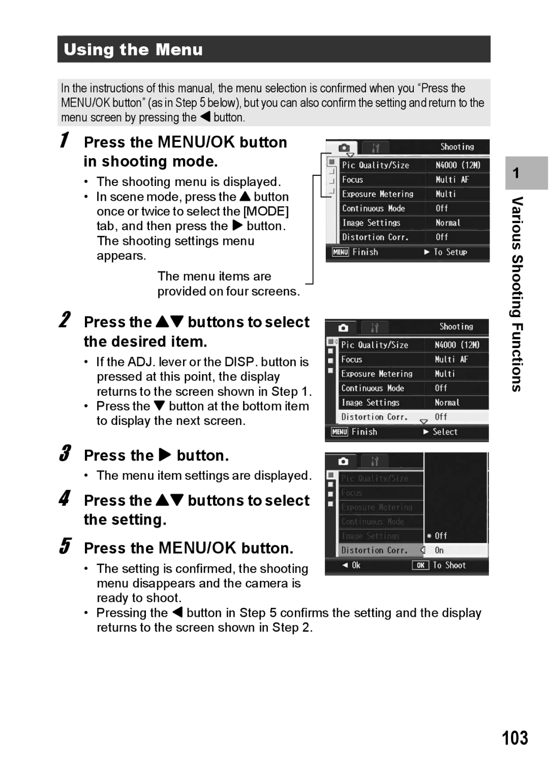 Ricoh GX200 103, Using the Menu, Press the MENU/OK button Shooting mode, Press the ! buttons to select the desired item 