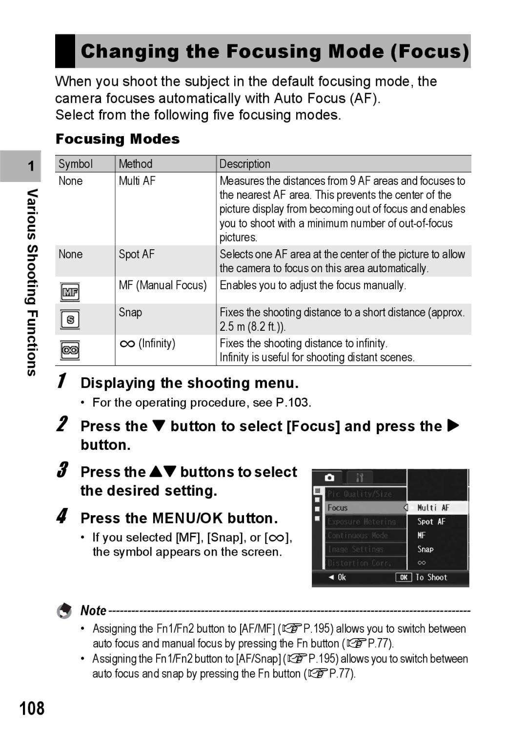 Ricoh GX200 manual Changing the Focusing Mode Focus, 108, Focusing Modes 