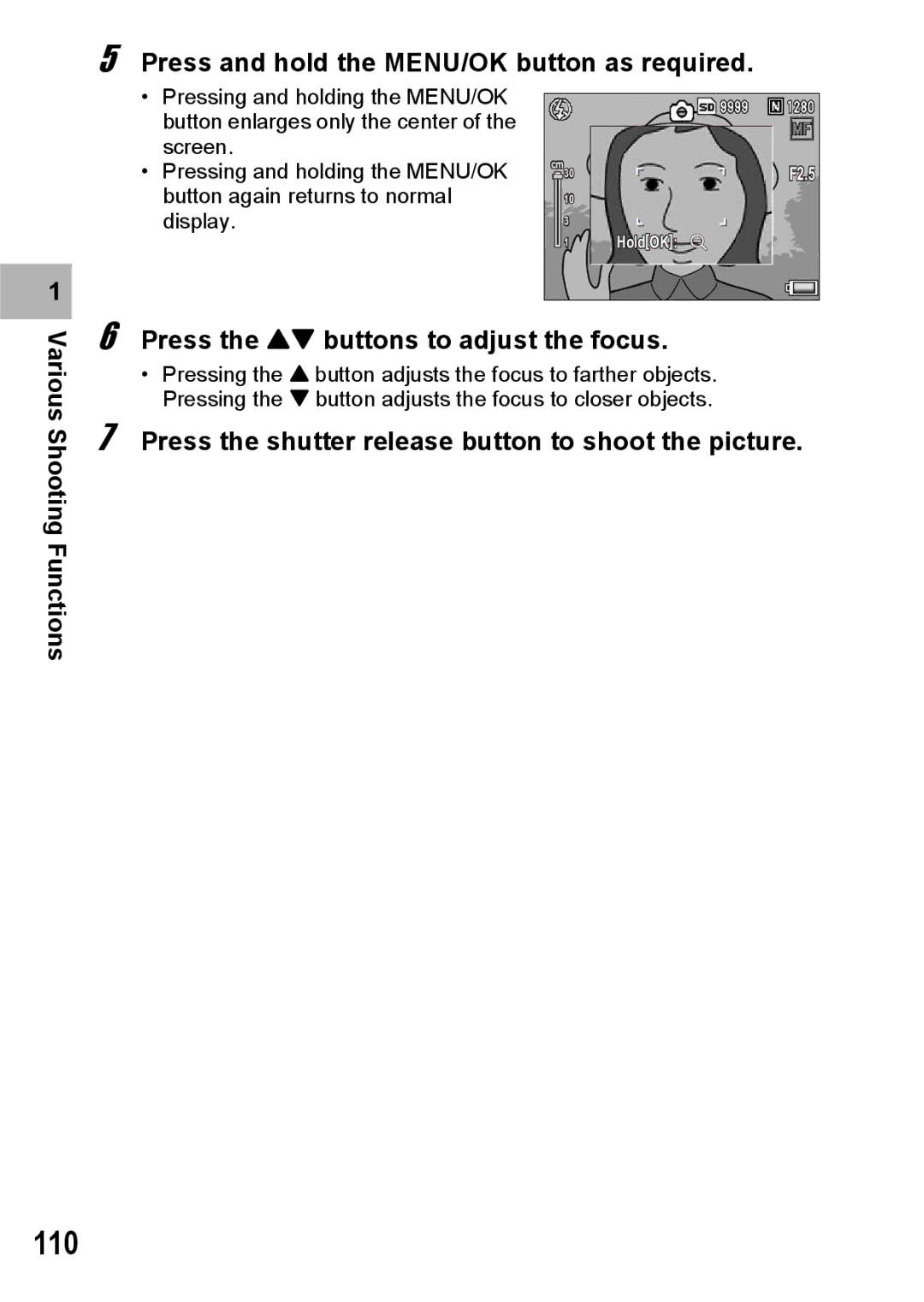 Ricoh GX200 manual 110, Press and hold the MENU/OK button as required 