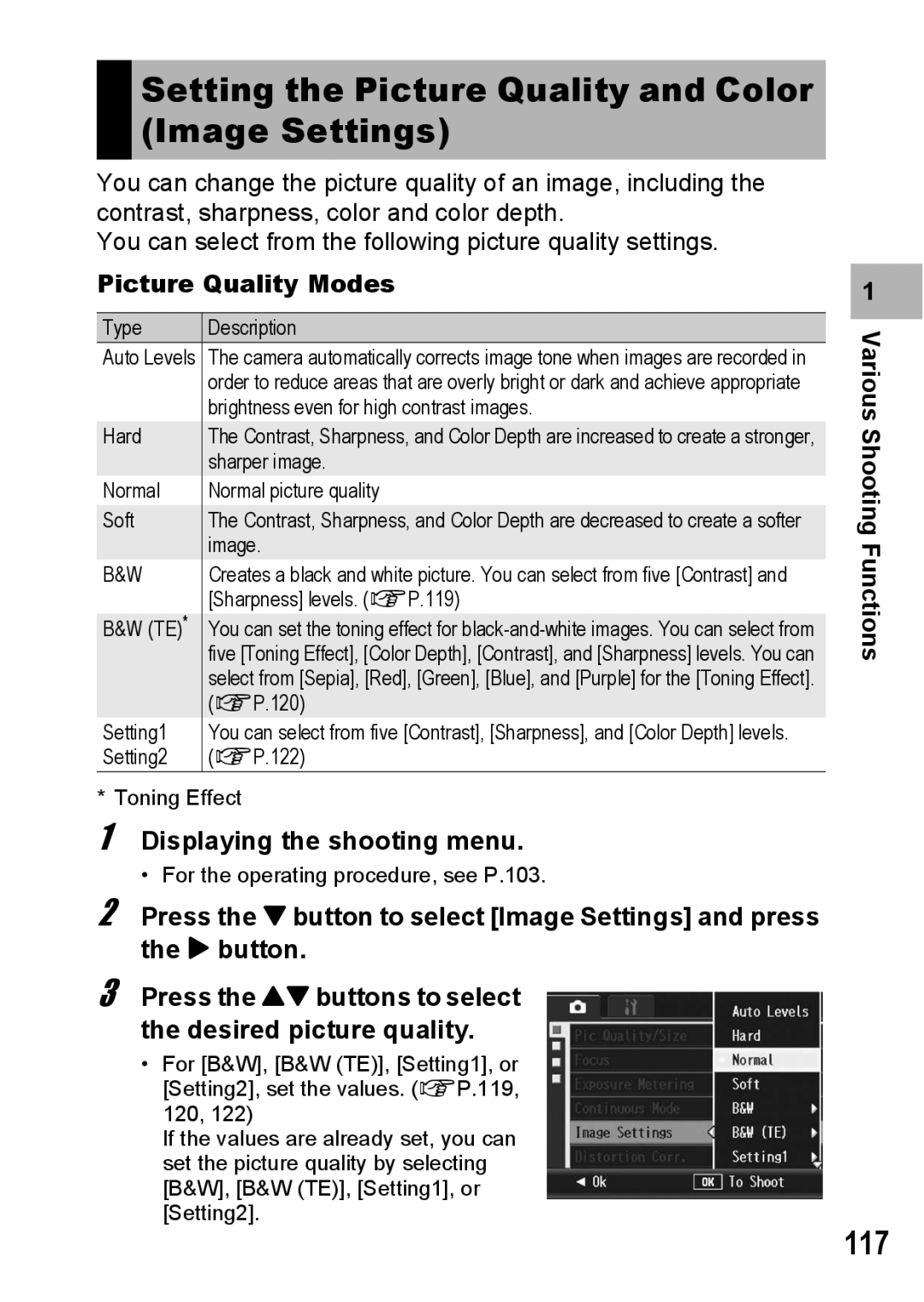 Ricoh GX200 manual Setting the Picture Quality and Color Image Settings, 117, Picture Quality Modes 