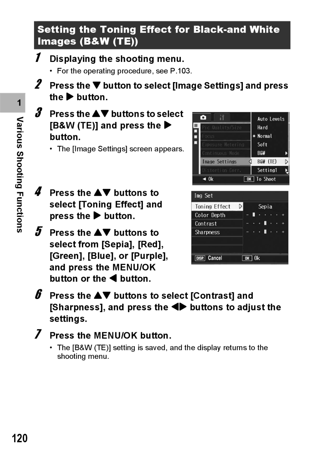 Ricoh GX200 manual 120, Setting the Toning Effect for Black-and White Images B&W TE 