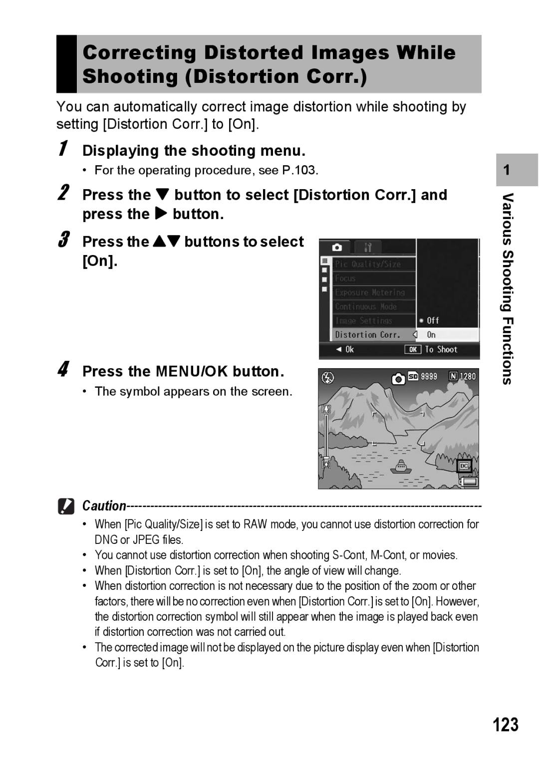 Ricoh GX200 manual Correcting Distorted Images While Shooting Distortion Corr, 123 