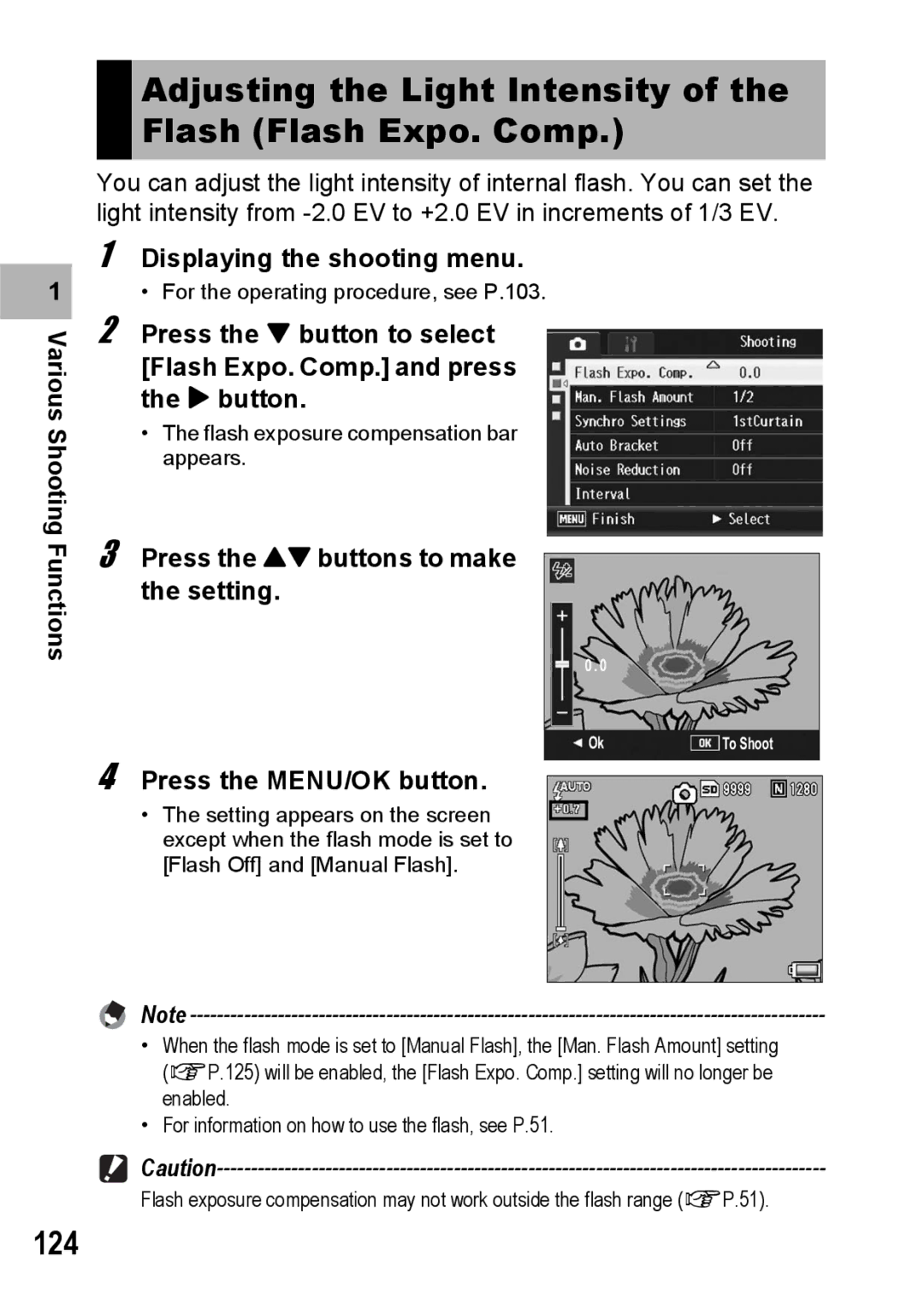 Ricoh GX200 Adjusting the Light Intensity of the Flash Flash Expo. Comp, 124, Press the ! buttons to make the setting 