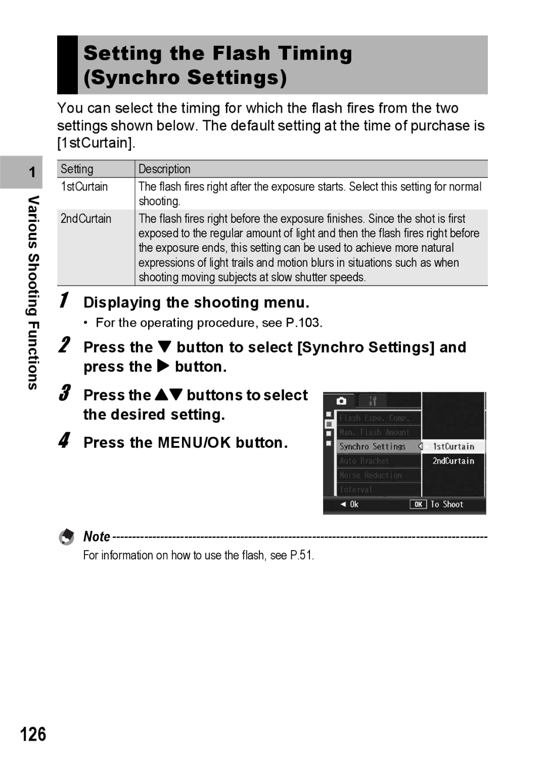 Ricoh GX200 manual Setting the Flash Timing Synchro Settings, 126 