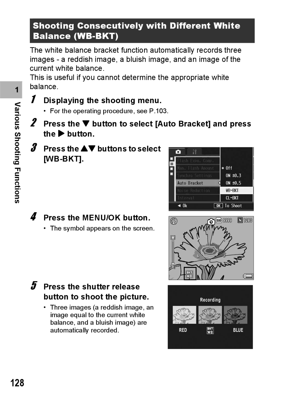 Ricoh GX200 manual 128, Shooting Consecutively with Different White Balance WB-BKT 