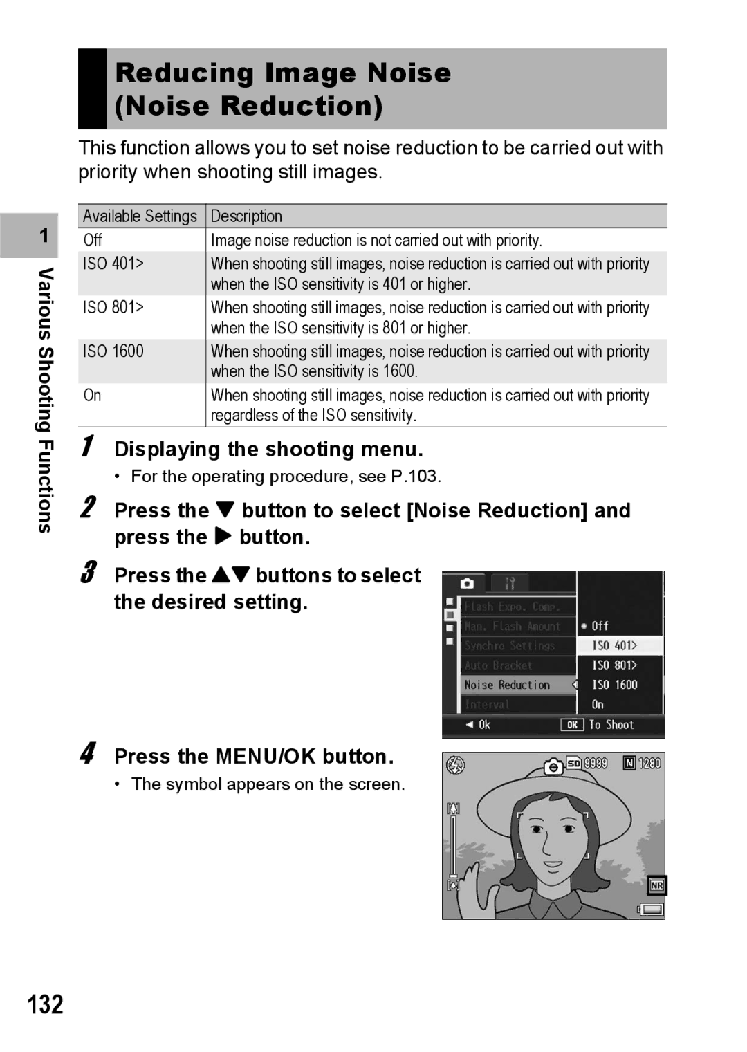 Ricoh GX200 manual Reducing Image Noise Noise Reduction, 132 