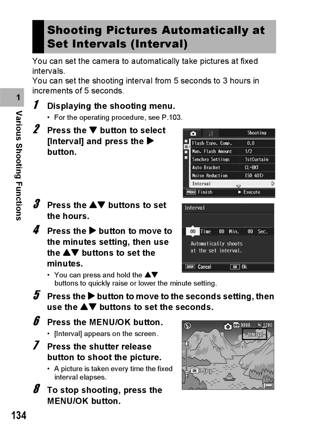 Ricoh GX200 Shooting Pictures Automatically at Set Intervals Interval, 134, To stop shooting, press the MENU/OK button 