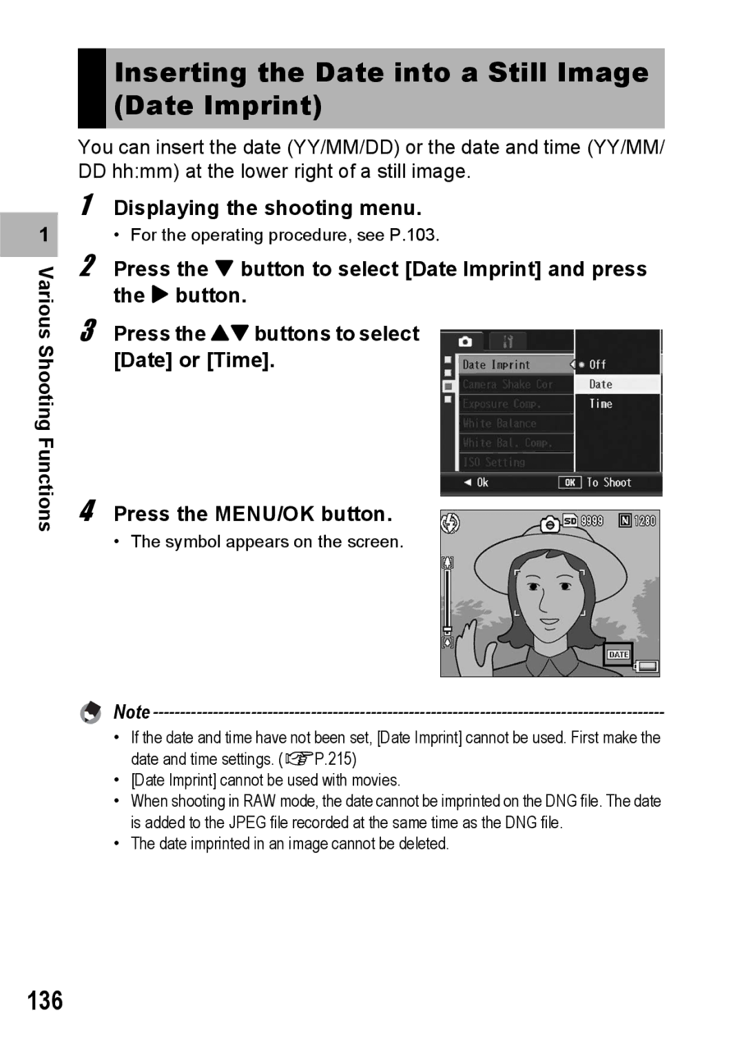 Ricoh GX200 manual Inserting the Date into a Still Image Date Imprint, 136 