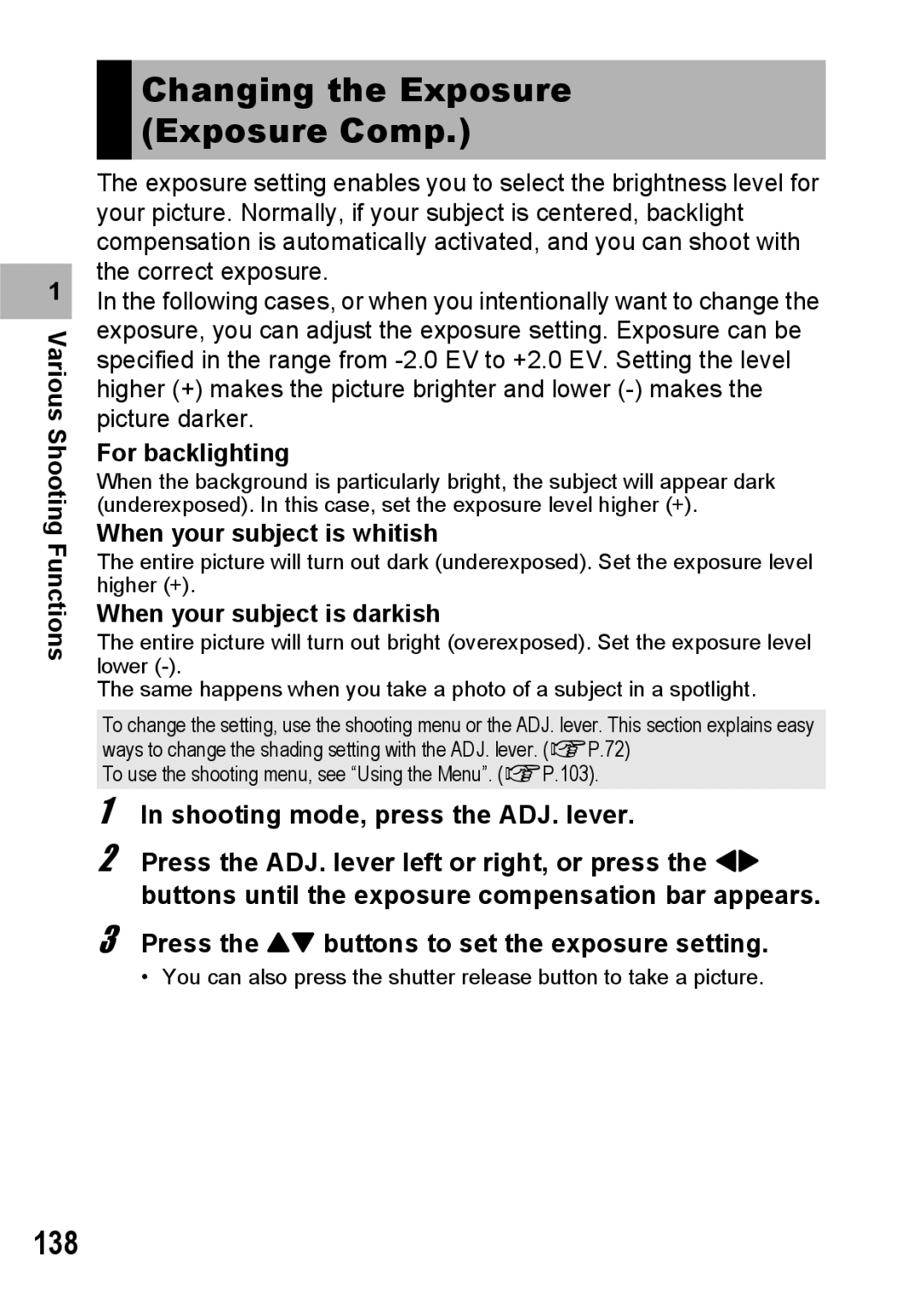 Ricoh GX200 manual Changing the Exposure Exposure Comp, 138 