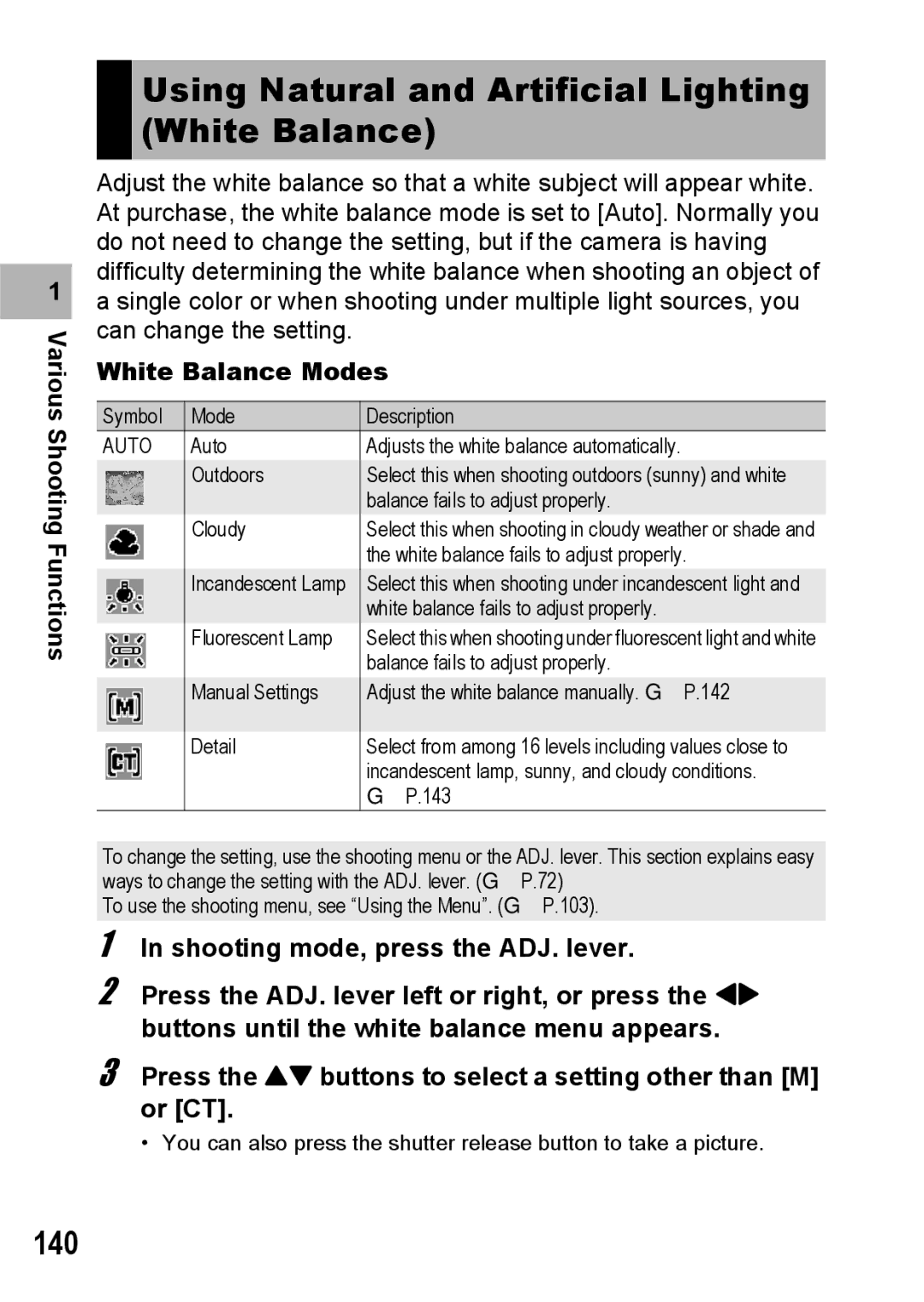 Ricoh GX200 manual Using Natural and Artificial Lighting White Balance, 140, White Balance Modes 