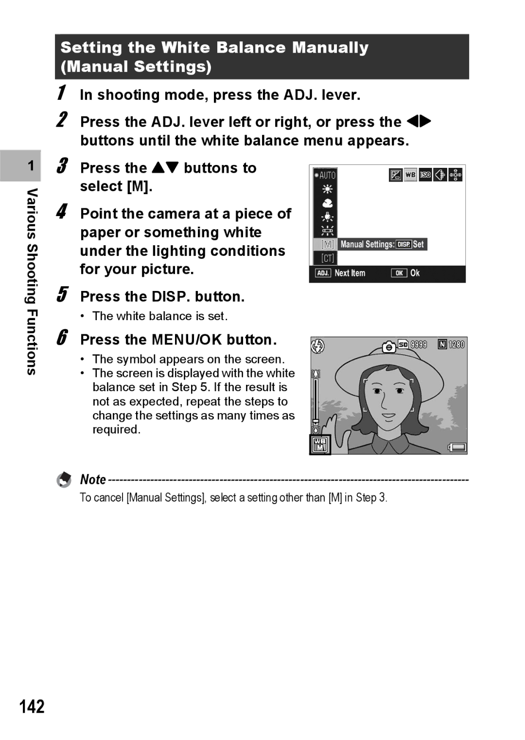 Ricoh GX200 manual 142, Setting the White Balance Manually Manual Settings, Functions Press the MENU/OK button 