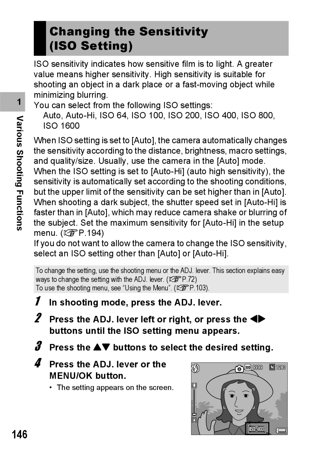 Ricoh GX200 manual Changing the Sensitivity ISO Setting, 146 