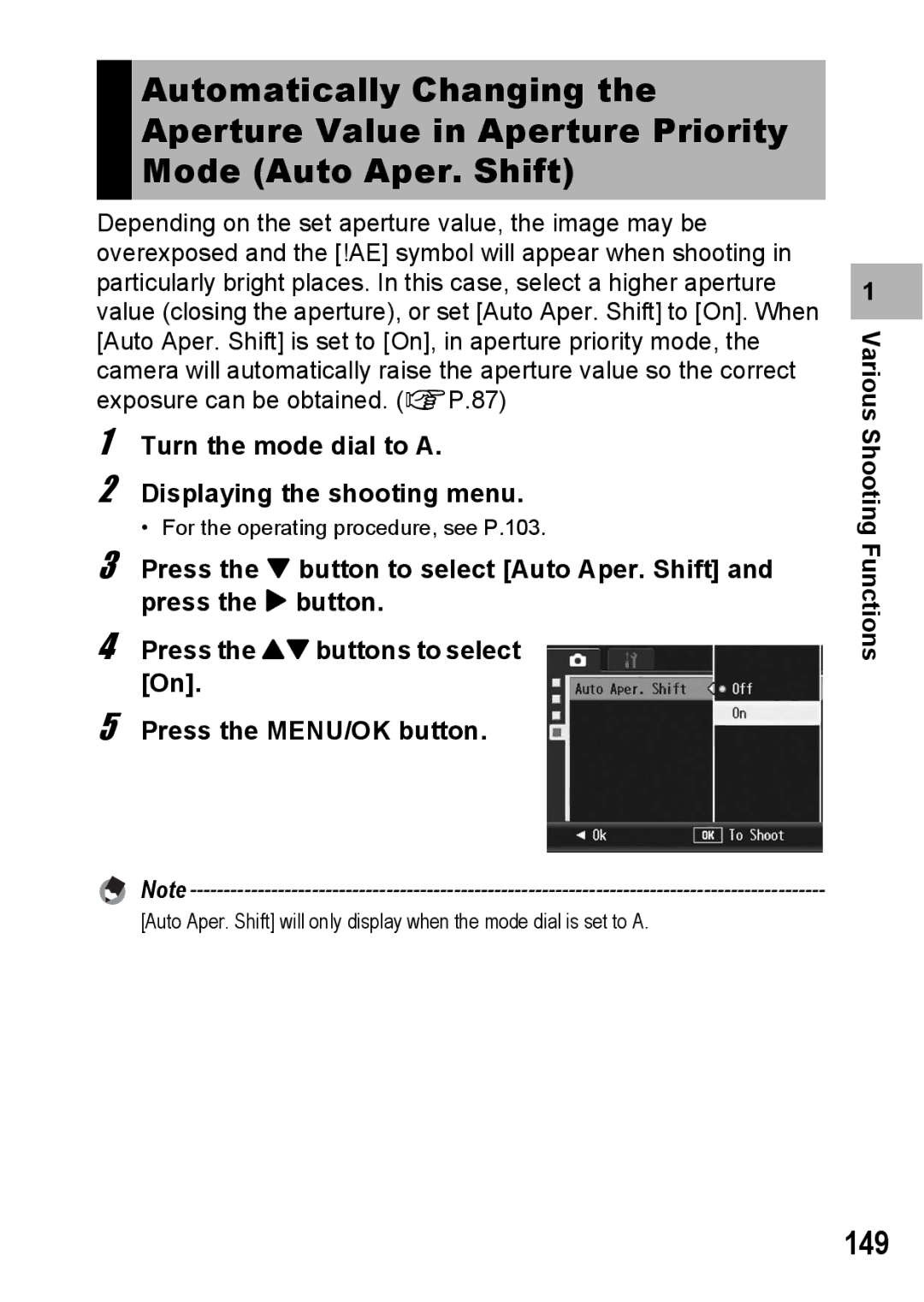 Ricoh GX200 manual 149, Turn the mode dial to a Displaying the shooting menu 