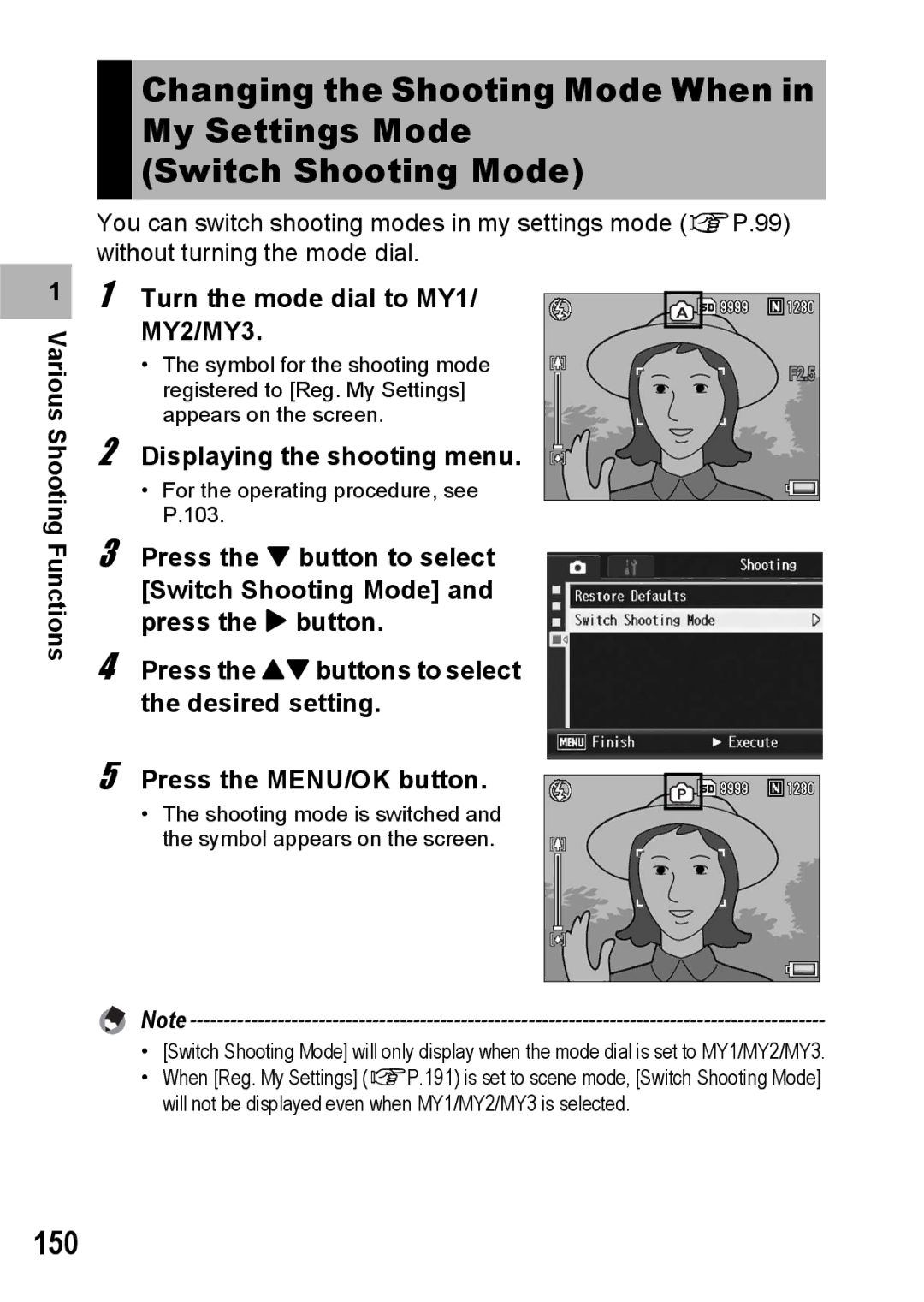 Ricoh GX200 manual 150, Turn the mode dial to MY1/ MY2/MY3 