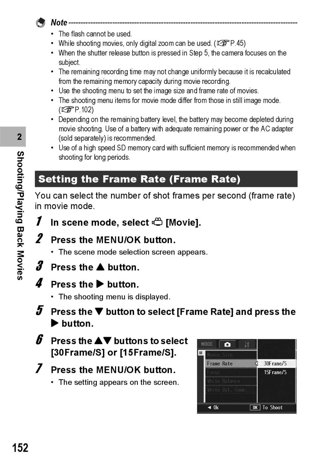 Ricoh GX200 manual 152, Setting the Frame Rate Frame Rate, Scene mode, select 3 Movie Press the MENU/OK button 