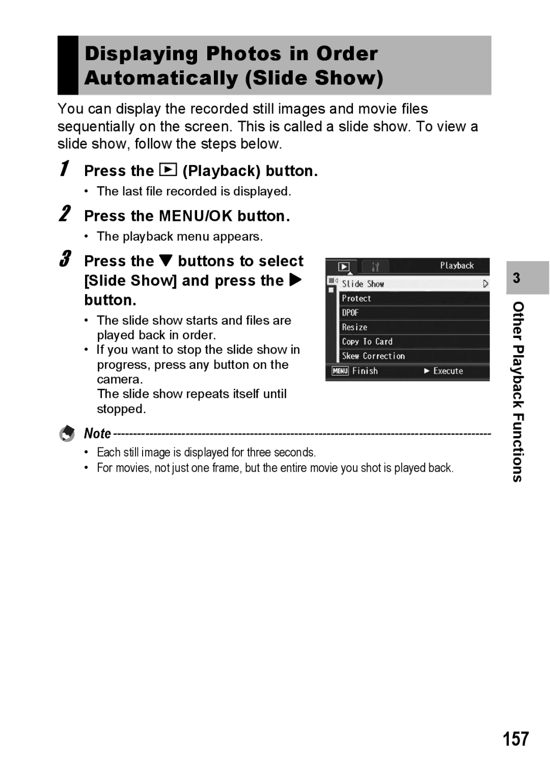 Ricoh GX200 manual Displaying Photos in Order Automatically Slide Show, 157 