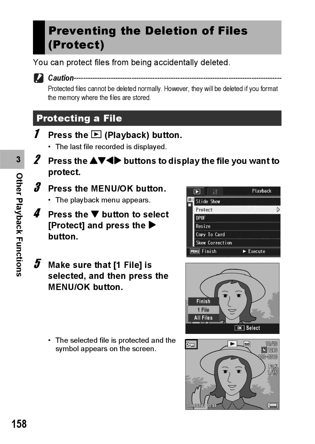 Ricoh GX200 manual Preventing the Deletion of Files Protect, 158, Protecting a File 