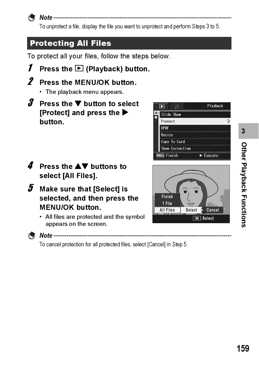 Ricoh GX200 manual 159, Protecting All Files, Press the 6 Playback button Press the MENU/OK button 